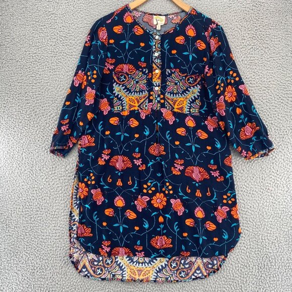 Fig & Flower Top Womens Small Navy Multi Floral 3/4 Sleeve Tunic 1/4 Button Up - Picture 1 of 10